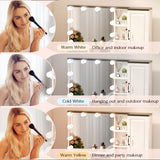 Buytime Farmhouse Makeup Vanity with Charging Station, Vanity Desk with Lights Mirror and Drawers, Glass Top Makeup Vanity with Jewelry Cabinet, Hairdryer Holder and Stool for Bedroom, Off White Buytime