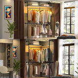 Aheaplus Industrial Pipe Clothing Rack, Reversible 79.7'' Clothes Rack for Hanging Clothes, Heavy Duty Garment Racks Closet Wardrobe with LED Lights& Shelves, Walk-in Closet System, Black Aheaplus