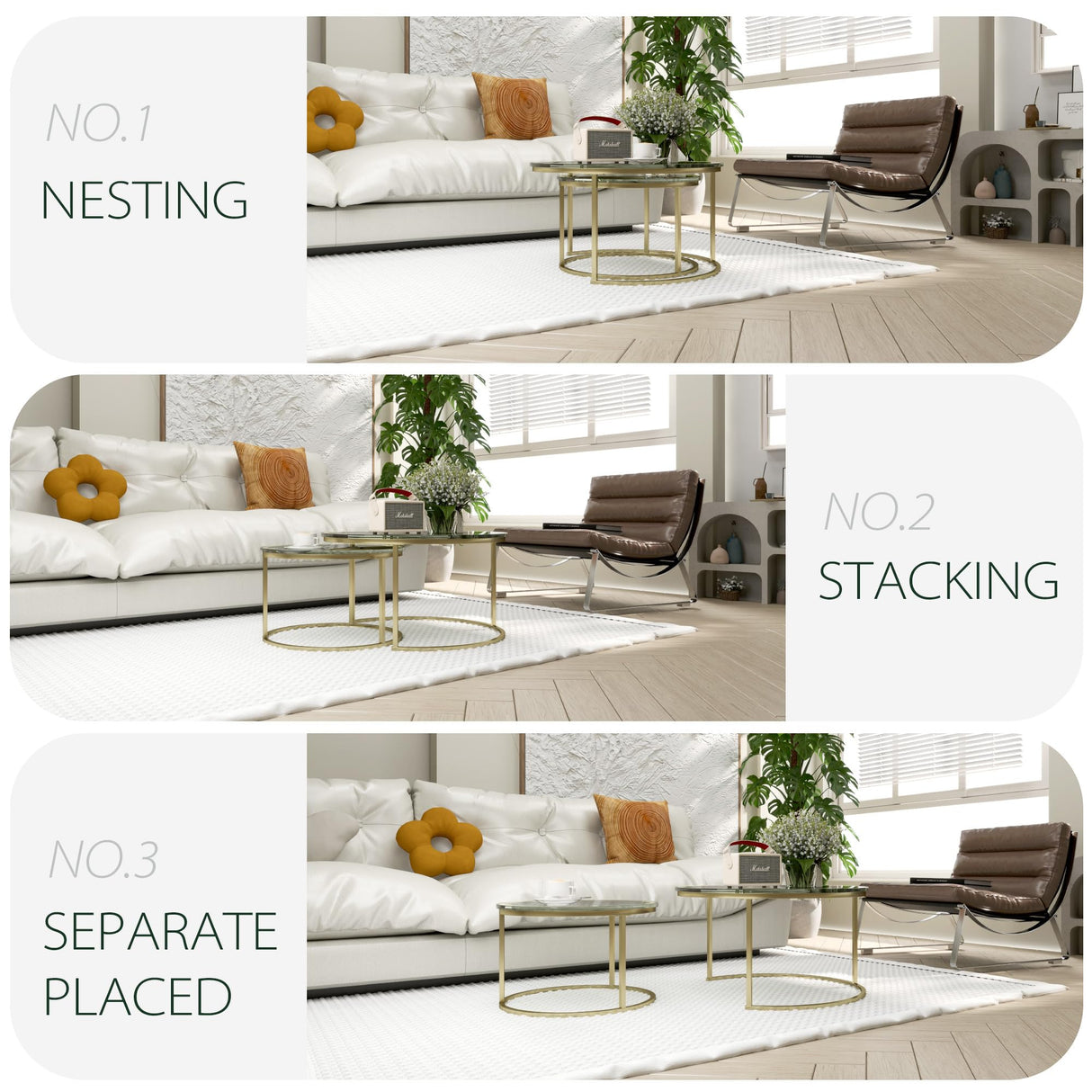 Furnivado 31.5" Nesting Coffee Table Set of 2, Round Nesting Coffee Tables with Tempered Glass Top, End Tables with Metal Frame for Living Room, Bedroom, Transparent Glass Furnivado