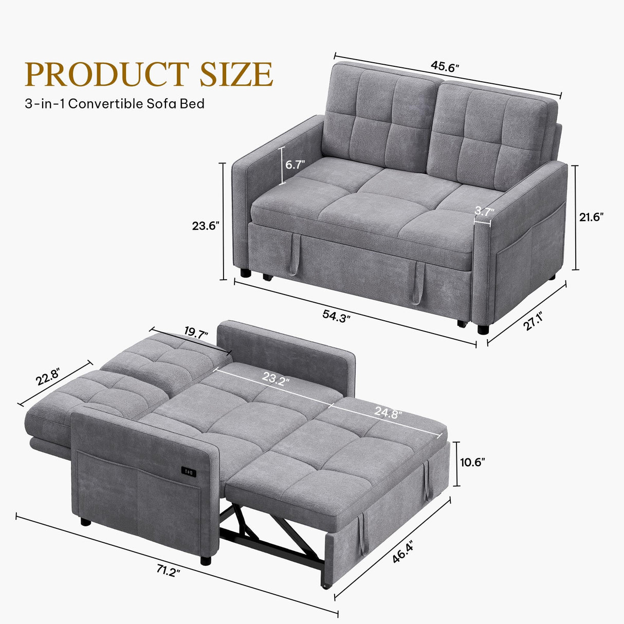 YITAHOME 55" Convertible Sofa Bed, 3-in-1 Sleeper Sofa with Pull-Out Bed, Cat-Scratch-Proof Futon Couch with 5-Levels Reclining Backrest, USB and Side Pocket, Modern Loveseat for Living Room, Grey YITAHOME