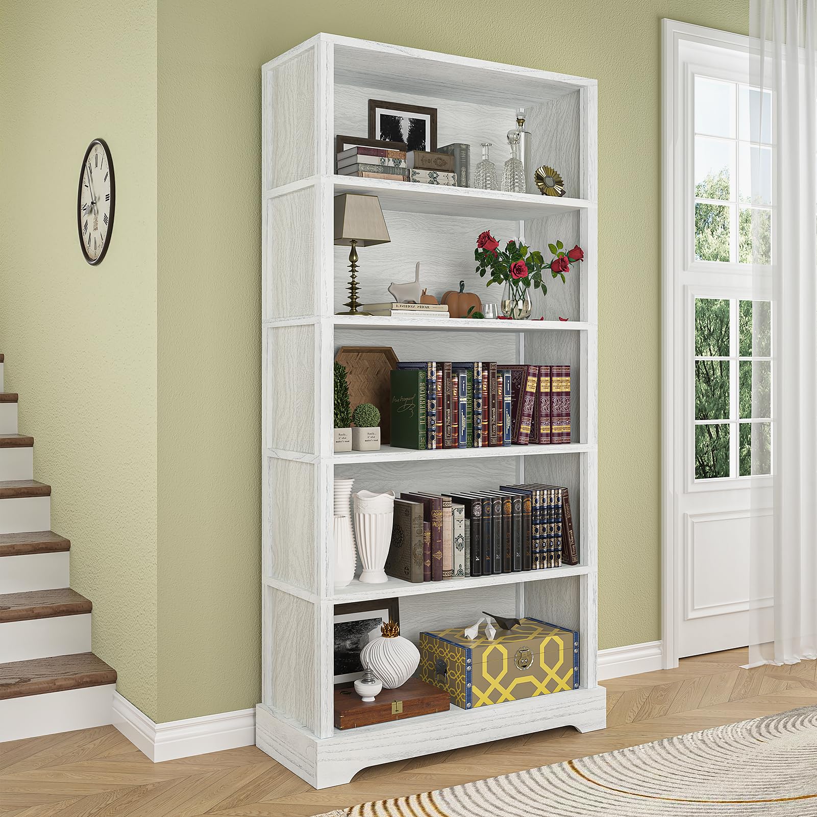 Antique White 5-Shelf Wood Bookcase - Elegant Floor Standing Storage Solution - WoodArtSupply