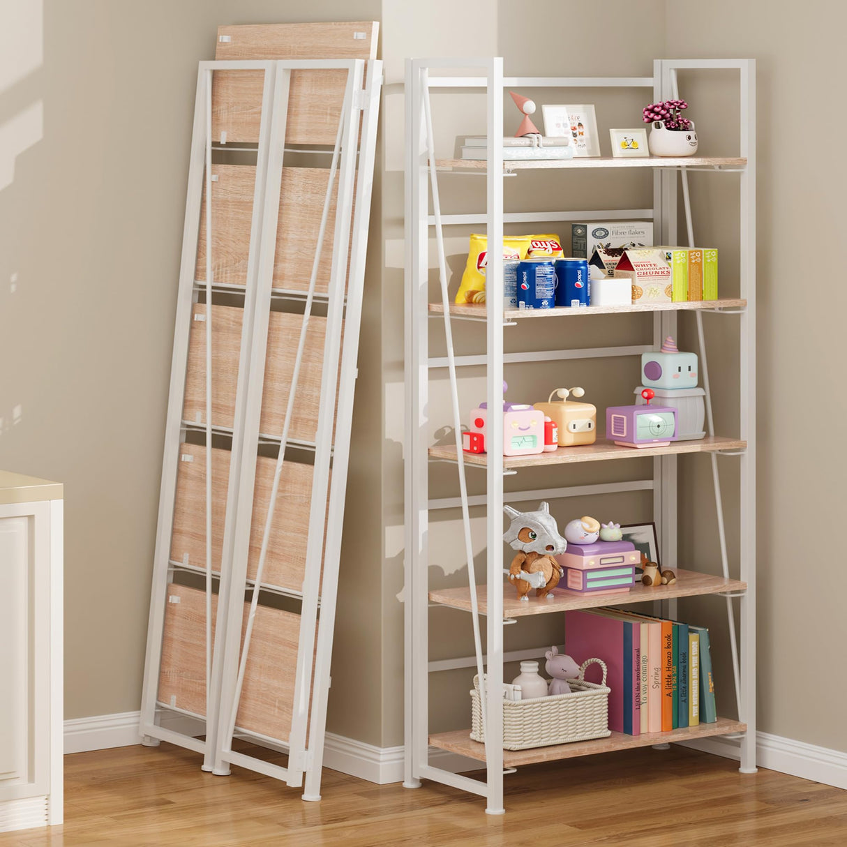 BHG Vintage Multifunctional Folding Bookshelf, No-Assembly Plant Stand Storage Rack Shelves for Home Office (White, 5-Tier) BHG