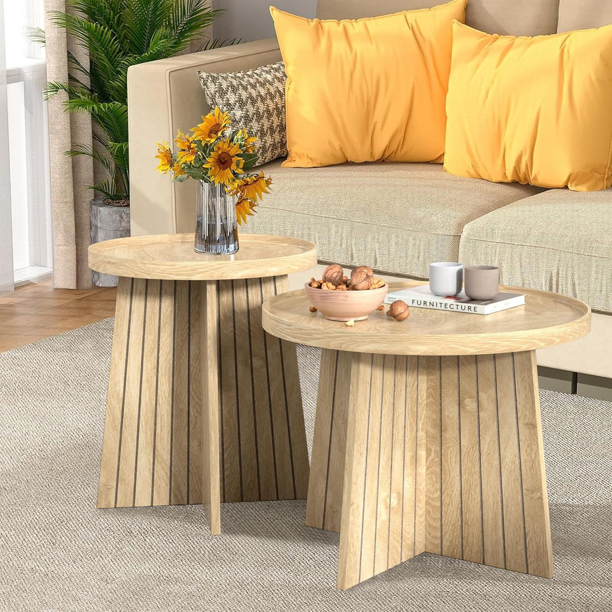 Round Coffee Table Set of 2, Mid Century Modern Fluted Nesting Coffee Table, Center Tables, Small Round Wood Coffee Table, Side End Table for Living Room, Bedrrom, Office (Wood Color) Fsbecl