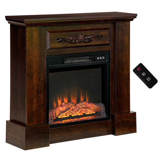 HOMCOM 32" Electric Fireplace with Mantel, Freestanding Heater with LED Log Flame, Overheat Protection and Remote Control, 1400W, Brown