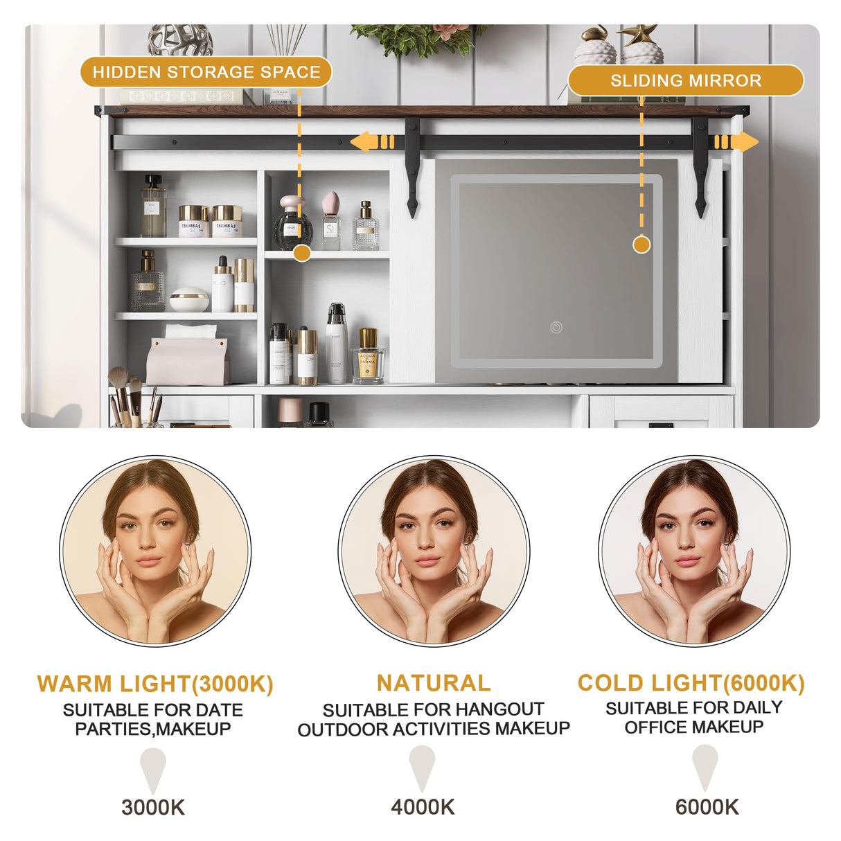 NEWBULAND Farmhouse Vanity with Mirror and Lights, 42" White Vanity Desk with 4 Drawers and Benches Makeup Table Set NEWBULAND