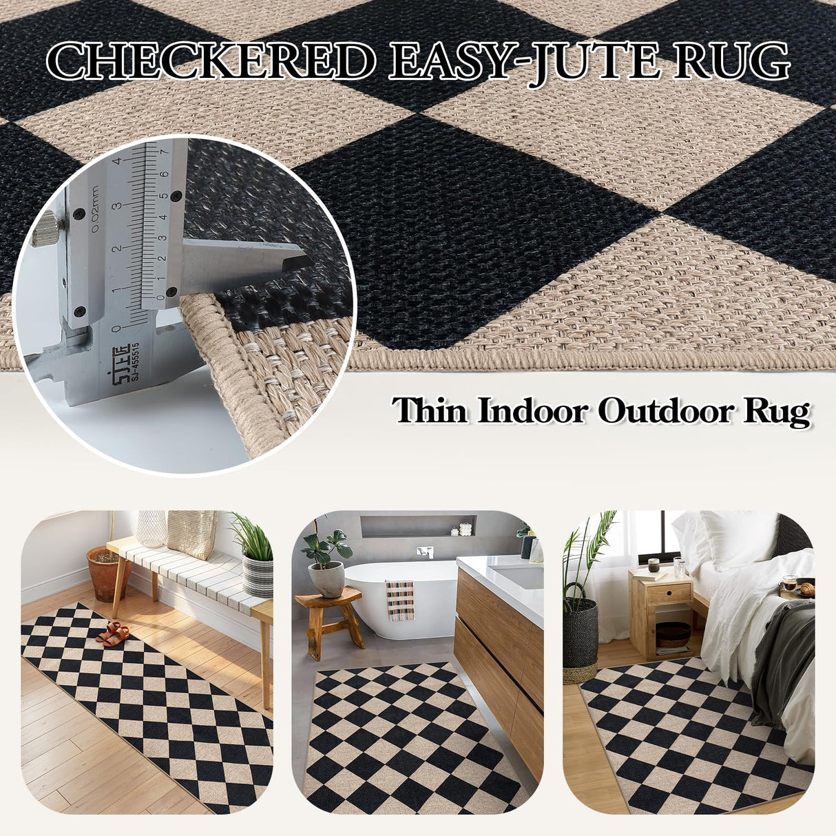 Lahome Checkered Easy Jute Runner Rug, 2x8 Hallway Kitchen Runner Rug Non Slip Washable Outdoor Carpet for Entryway Indoor, Checkerboard Black Indoor Outdoor Carpet for Hallway 8ft Entry Lahome