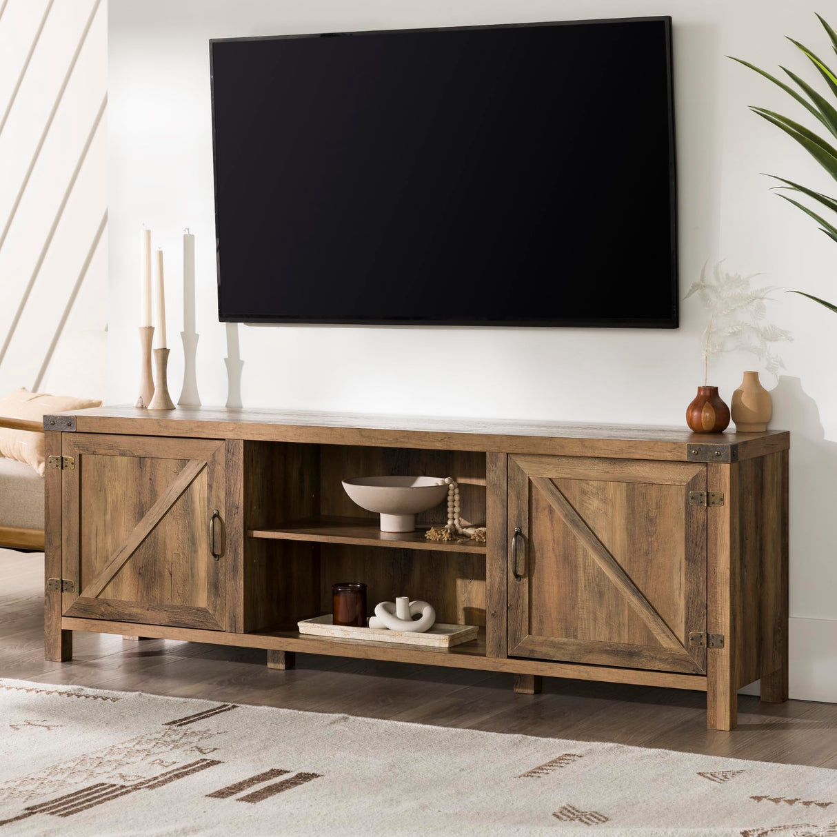 Walker Edison Georgetown Modern Farmhouse Double Barn Door TV Stand for TVs up to 80 Inches, 70 Inch, Rustic Oak, Without Fireplace, 15.75 x 70 x 24 inches Walker Edison