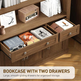 RALGEND 73.2" Tall Farmhouse Arched Bookshelf with Drawer and Door, 6 Tier Mid Century Modern Book Shelf and Bookcase with Storage, Floor Standing Display Cabinet for Living Room, Home Office, Walnut RALGEND