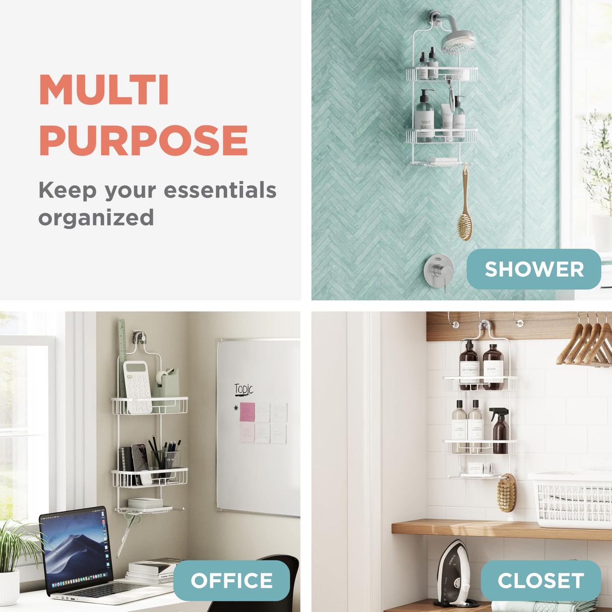 Zenna Home Rustproof Hanging Shower Caddy, Over the Shower Head Caddy with 2 Shelves and Built In Hooks, Aluminum Bathroom Hanging Organizer, Satin Chrome Zenna Home