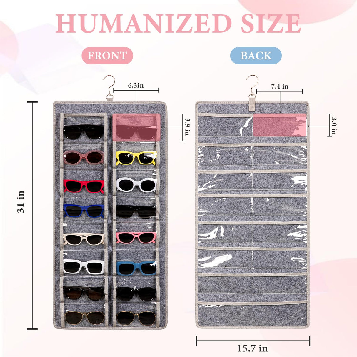 KGMCARE Dual Sided Sunglasses Storage organizer case, Eyeglasses Holder Wall Mounted with 32 Clear Slots & Metal Hook, Dust Proof Sunglasses Storage Case KGMCARE