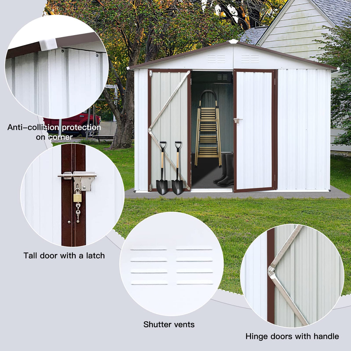 Jintop 10x8 FT Clearance Sheds & Outdoor Storage with Lockable Doors and Waterproof Roofs,Metal Garden Shed w/Durable Metal Frame & Punched Vents,for Bike, Barbeque,Tool,White+Coffee Jintop