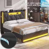 BYSAUD Queen Bed Frame with Storage Headboard & Hidden Storage, Upholstered Bed Frame Queen Size with LED Lights, with Charging Station, No Noise, No Box Spring Needed, Gray, Linen Cloth BYSAUD