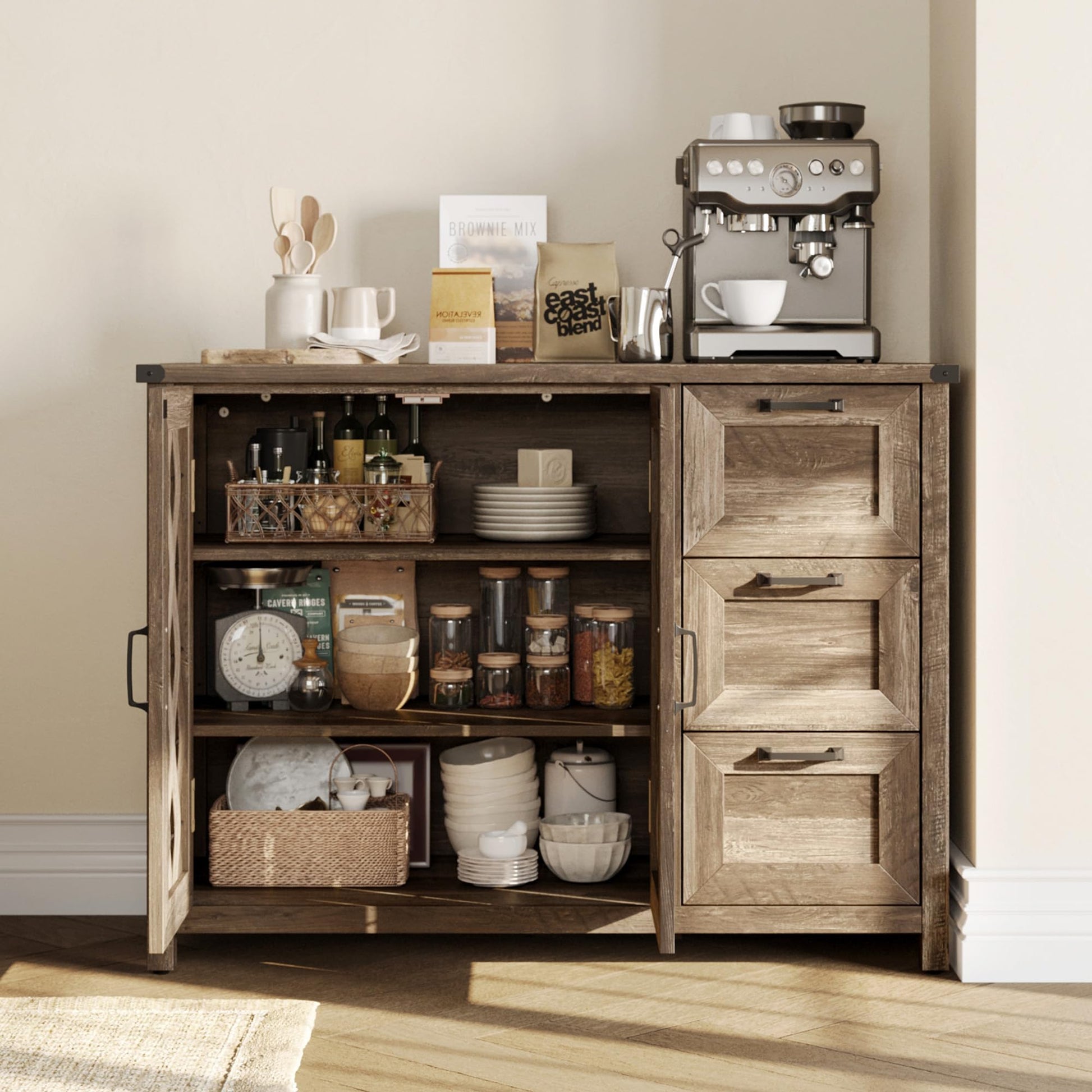 LINSY HOME Farmhouse Sideboard Buffet Cabinets, 43" W Coffee Bar Storage Cabinets with 3 Drawers and 2 Doors, Rustic Accent Cabinet for Dining Room, Kitchen, Home Bar and Living Room, Light B - WoodArtSupply