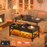 Aheaplus Coffee Table Lift Top Multi-Function Coffee Table Converts to Dining Table, with LED Light and Power Outlet, Center Table with Shelves for Living Room Reception Home Office, Black Aheaplus