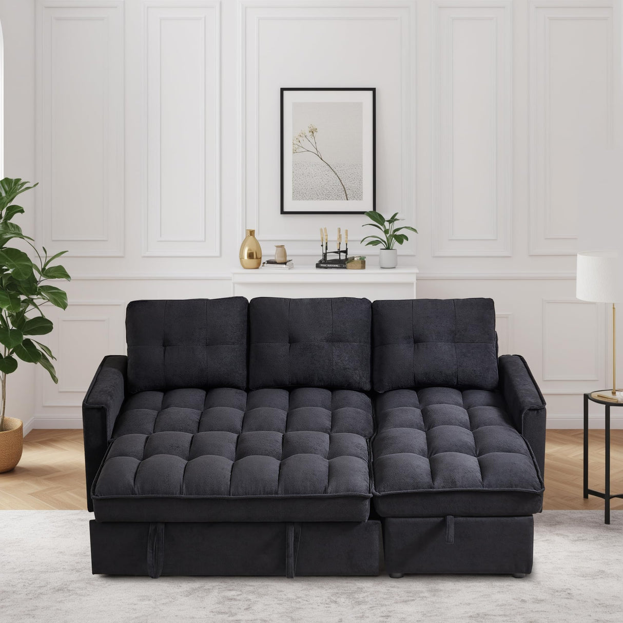 L-shape Pull out Sleeper Sofa Couch Bed,Modern Sofa Bed with Reversible Storage Chaise Lounge,Velvet Upholstered Tufted Sectional Corner Sofabed with USB Ports and Side Pockets for Living Room,Bedroom KINFFICT