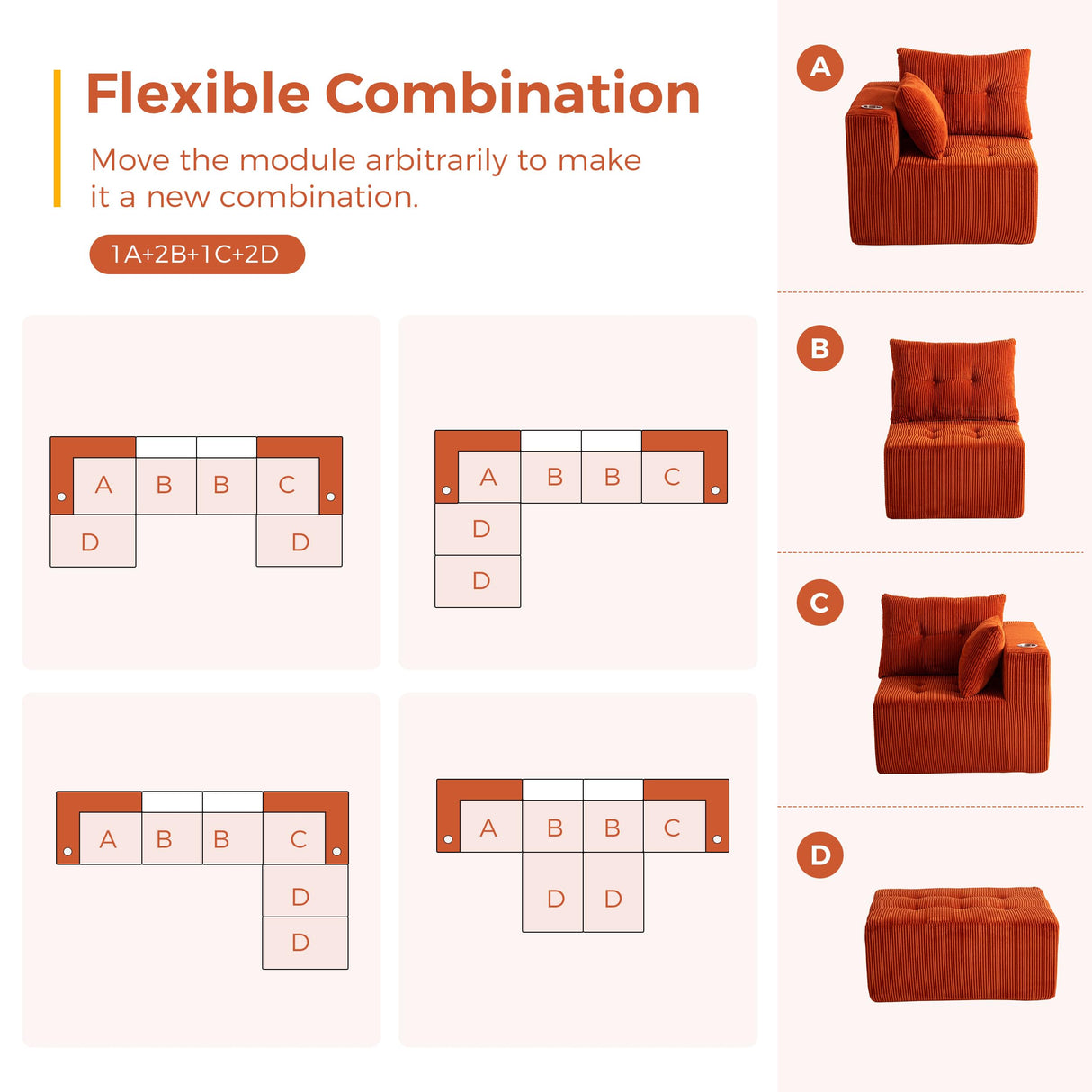 MAXYOYO Modular Sectional Sofa Couch, U Shaped Modern Cloud Couch with 2 Ottomans, Sofa in A Box, Tufted 6-Seat Boneless Sleeper Chair for Living Room, No Assembly Required, Orange MAXYOYO
