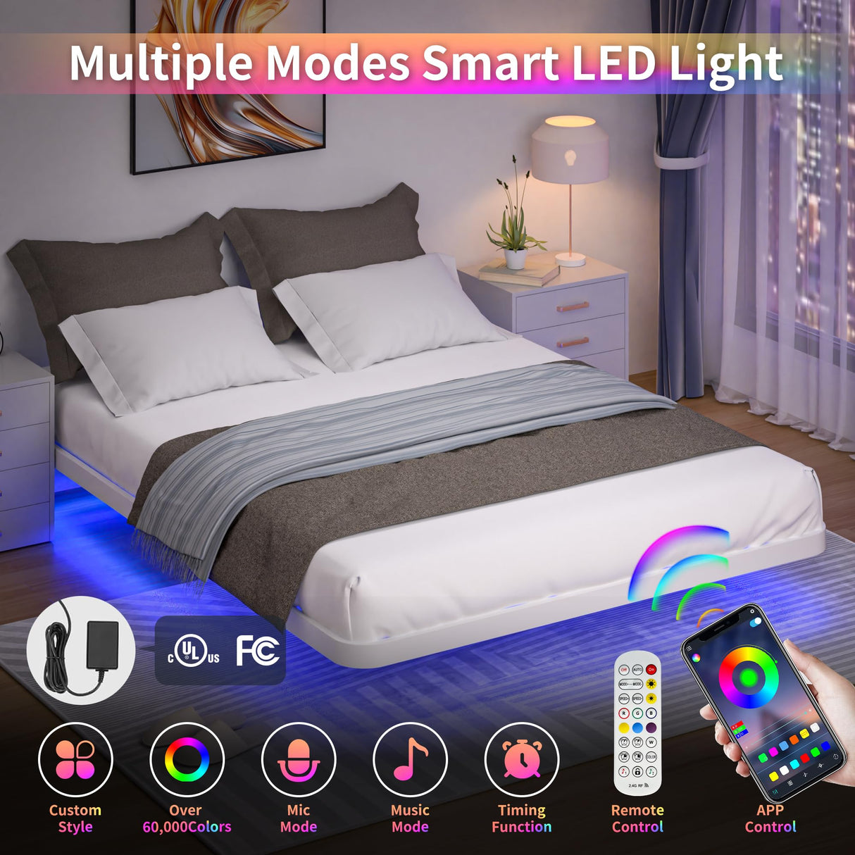 Meitewei King Size Floating Bed Frame with LED Lights - Modern Metal Platform Design, No Box Spring Needed, Noise-Free Assembly, White Meitewei