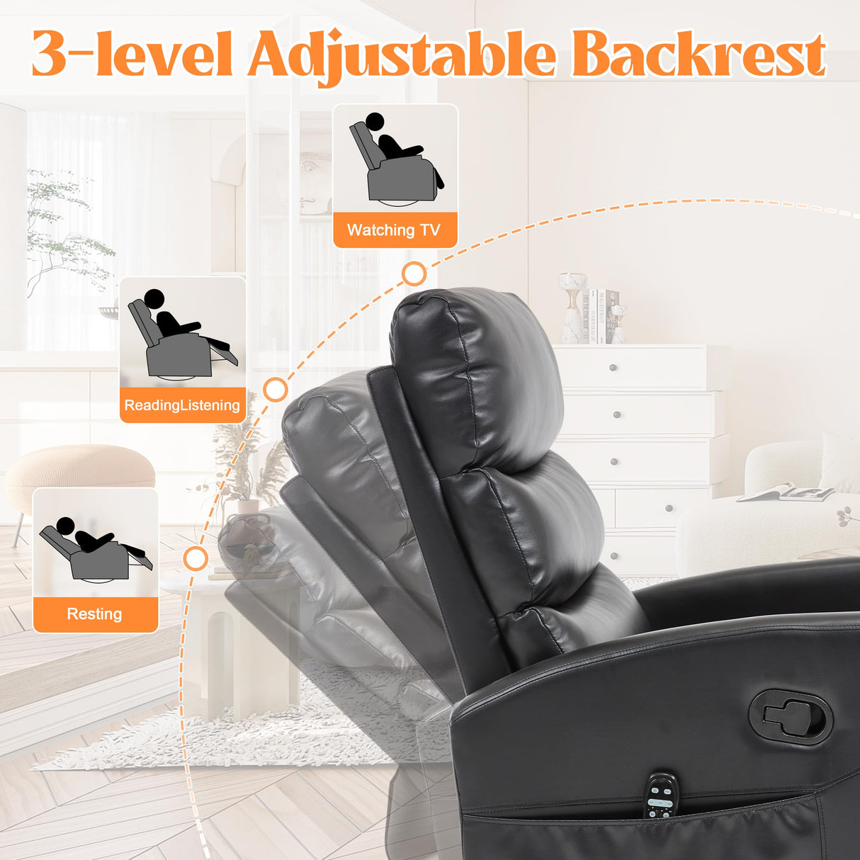 Manual Swivel Rocker Recliner Chair with Massage, Overstuffed Recliner Glider with Vibration Massage and Heat for Nursery, Living Room Reclining Sofa Chair, PU Leather Black Luxlen