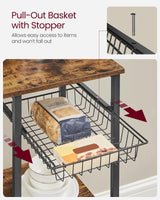 VASAGLE Rustic Brown Kitchen Storage Rack with Wire Basket and Hooks for Spices and Appliances VASAGLE