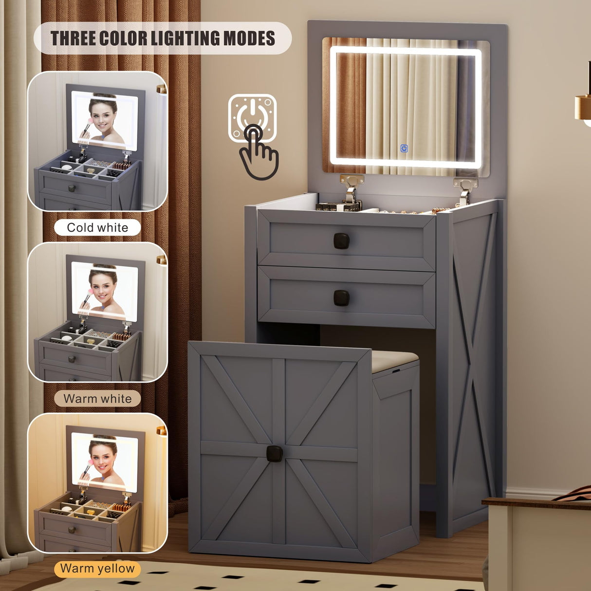 FREDEES Farmhouse 3 in 1 Vanity Desk with Mirror,Small Makeup Vanity Set with Soft Light, Space-Saving Makeup Vanity with Storage Compartment and Padded Stool,Dressing Table for Bedroom,Grey FREDEES