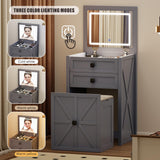 FREDEES Farmhouse 3 in 1 Vanity Desk with Mirror,Small Makeup Vanity Set with Soft Light, Space-Saving Makeup Vanity with Storage Compartment and Padded Stool,Dressing Table for Bedroom,Grey FREDEES