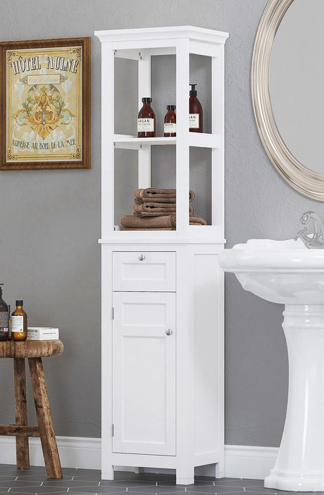 Spirich Bathroom Freestanding Storage Cabinet with Two Tier Open Shelves, Tall Slim Cabinet with Door and Drawer, Floor Linen Tower (White) Spirich