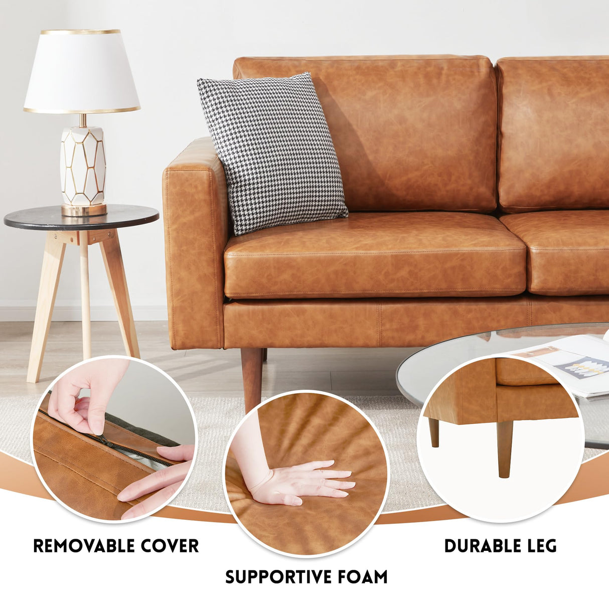 Kingfun 65" Loveseat Sofa, Love Seat, Faux Leather Sofa, Mid Century Modern Couch with Solid Wood Frame for Living Room & Bedroom, Brown Kingfun