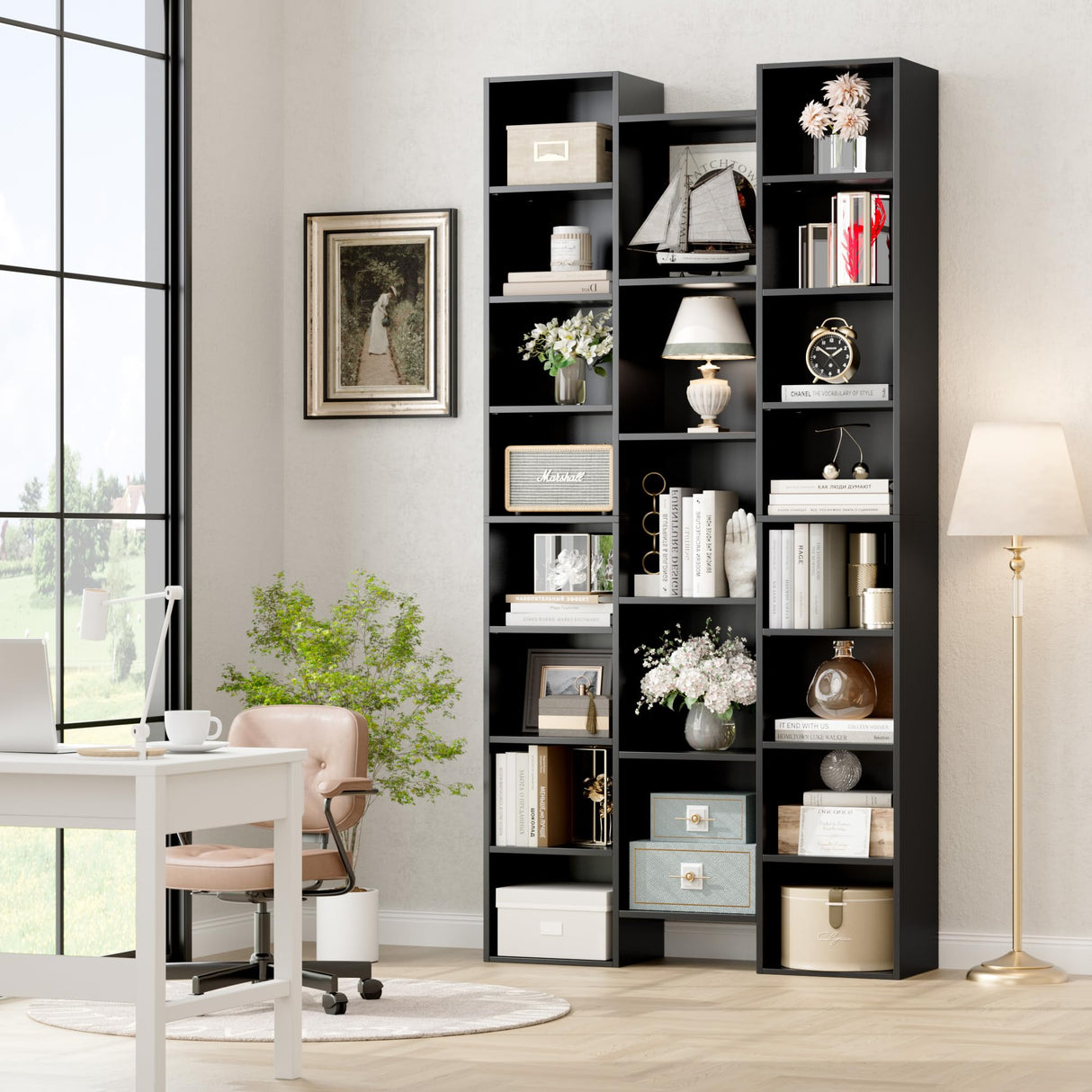 FOTOSOK Triple Wide 71" Tall Black Media Storage Tower with Adjustable Shelves FOTOSOK