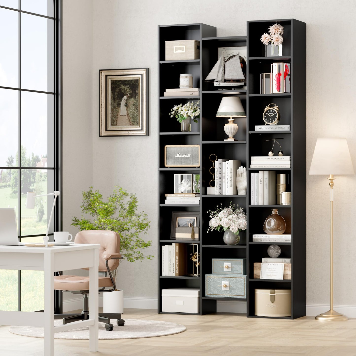 FOTOSOK Triple Wide 71" Tall Black Media Storage Tower with Adjustable Shelves - WoodArtSupply