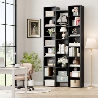 FOTOSOK Triple Wide 8 Tier Media Storage Tower Rack, 71" Tall Bookshelf Black Bookshelf with Adjustable Shelves, Large CD DVD Storage Tower Rack Tall Narrow Bookshelf for Home Office, Black