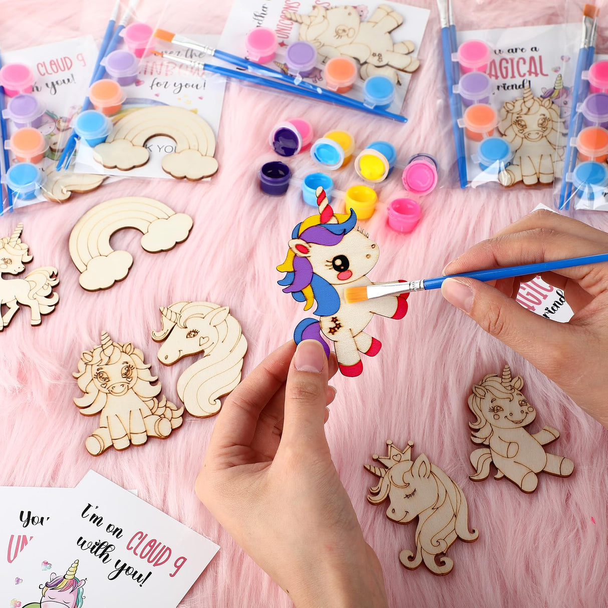 Leinuosen 28 Sets Unicorn Party Favors Wood Painting Craft Kits with Art Supplies and Inspirational Cards Thank You for Coming Gifts for Summer Birthday Party Goodie Bag DIY Prizes Leinuosen