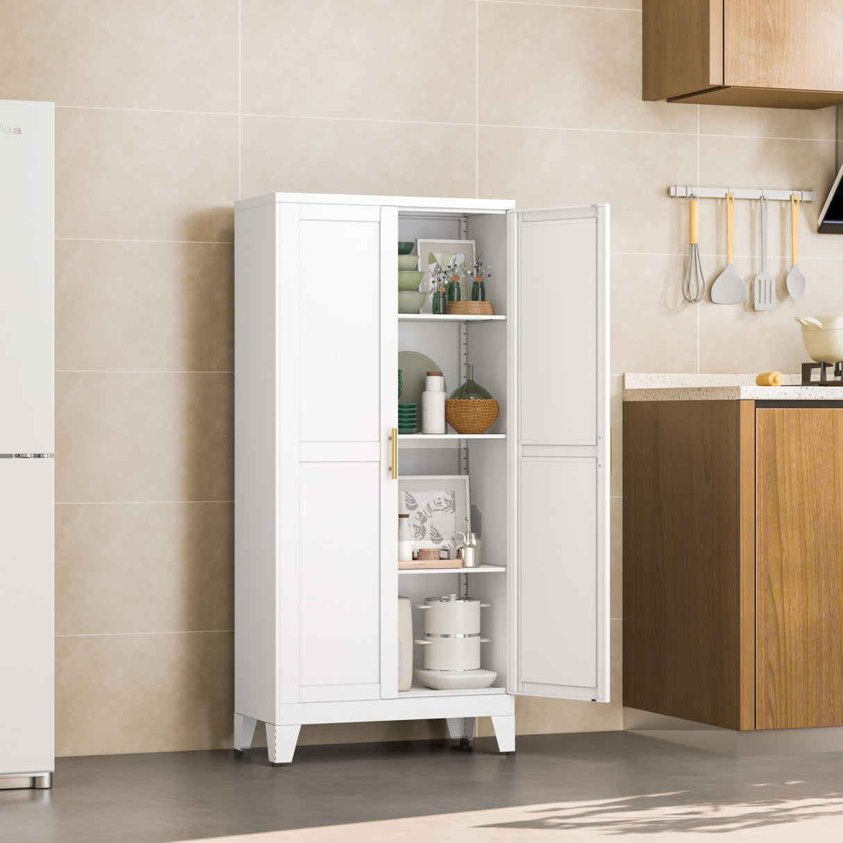 RISTERN White Metal Storage Cabinet, 48" Steel Cabinets for Home Office, Kitchen Pantry Storage Cabinet with Doors and 3 Adjustable Shelves, for Office, Home, Garage, School RISTERN