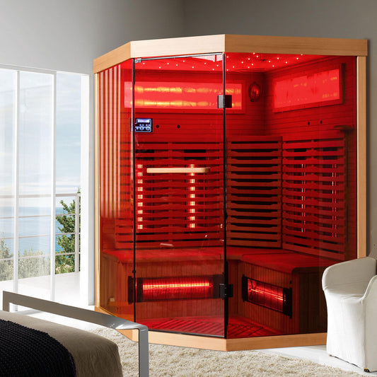 BNEHS Infrared Saunas, 2-3 Person Home Sauna with Himalayan Salt Panel & Rapid Warming System &, Original Corner Sauna with Canadian Hemlock & Tempered Glass, 220V, 15 Amps - WoodArtSupply