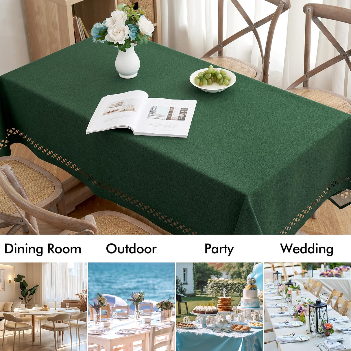 MIULEE Hunter Green Thick Polyester Linen Rectangle Tablecloth Decorative Cutouts Waterproof Stain and Wrinkle Resistant Table Cloth Christmas Holiday Table Cover for Dining Kitchen, 52 x 70 inch MIULEE