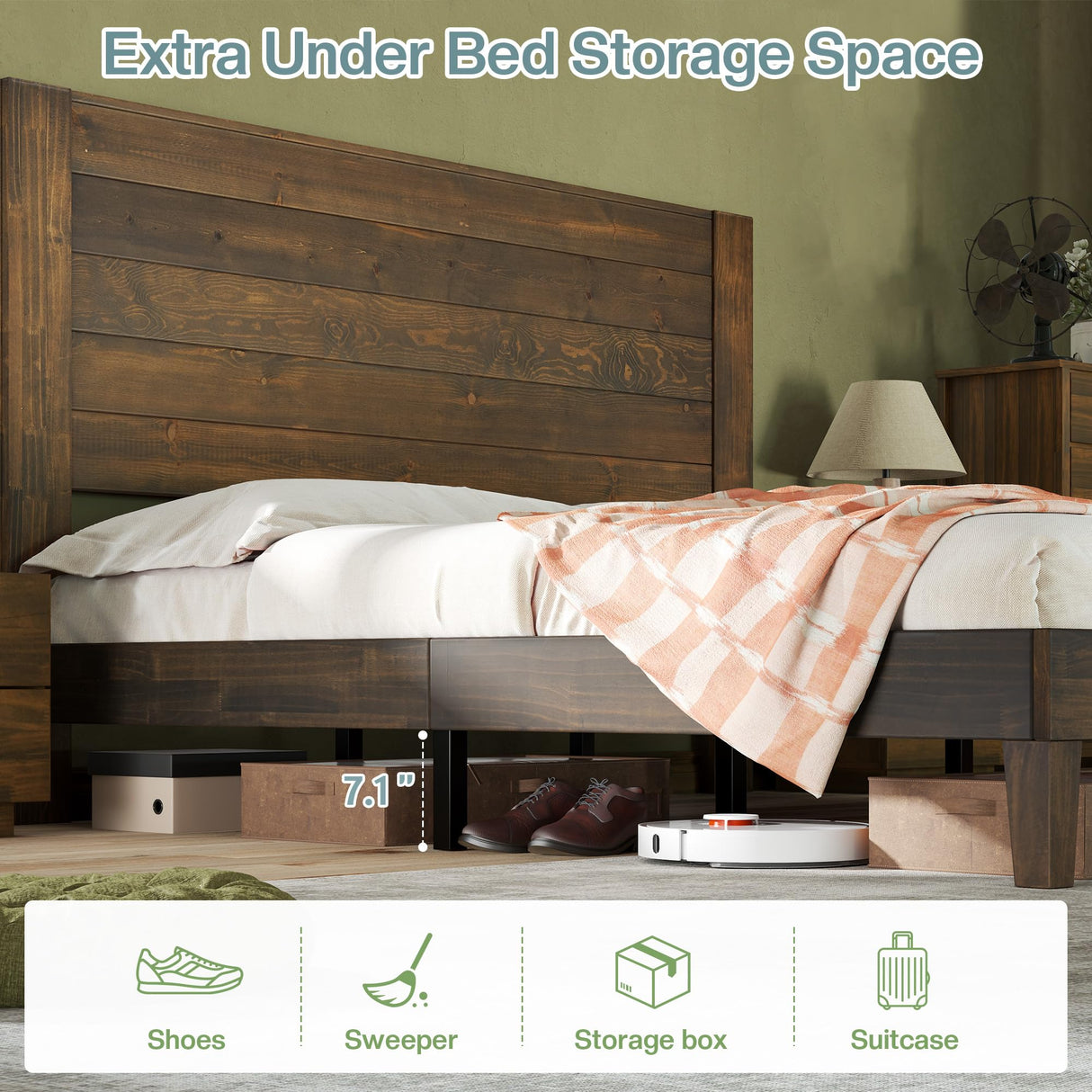 Jocisland Farmhouse Solid Wood Full Size Bed Frame with 48'' High Headboard, Rustic Platform Bed with Under-Bed Storage, No Box Spring Needed, Heavy Duty Support for Small Bedroom, Dark Brown Jocisland