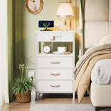 Furnulem Night Stand with Charging Station, 28.3 Inch Tall Bedside Table with PVC Drawers, End Table with USB Ports and Outlets, 3 Fabric Drawer Storage Nightstand for Bedroom, 3 Ways to Use, White Furnulem