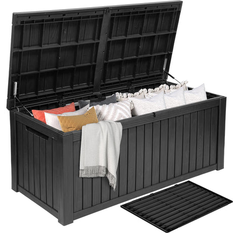 DWVO 150 Gallon XL Deck Box with Divider & Lockable Lid, Waterproof Resin Outdoor Storage for Patio, Garden, Poolside, Cushions, Supplies & Sports Gear, Black DWVO