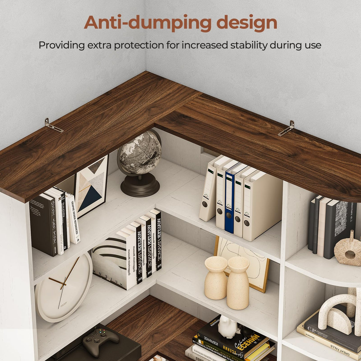 UPOSOJA 7-Shelf Farmhouse Corner Bookshelf with Lockers & Drawers, 71" L-Shaped Large Storage Shelf Display Rack for Bedroom, Living Room, Home Office (White Brown) UPOSOJA