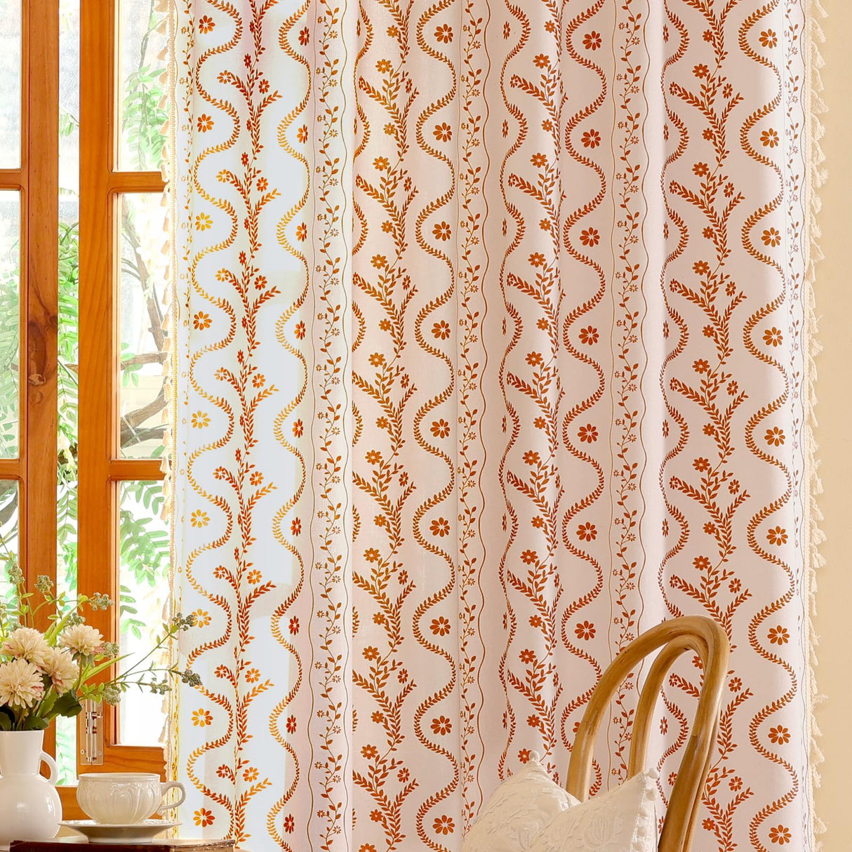 TIVNICO Boho Farmhouse Curtains for Living Room 2 Panels,Linen Floral Fall Curtains 84 Inches Long,Privacy Country Vine Pattern Bedroom Curtain,Let Light in Window Drapes Beige Color TIVNICO