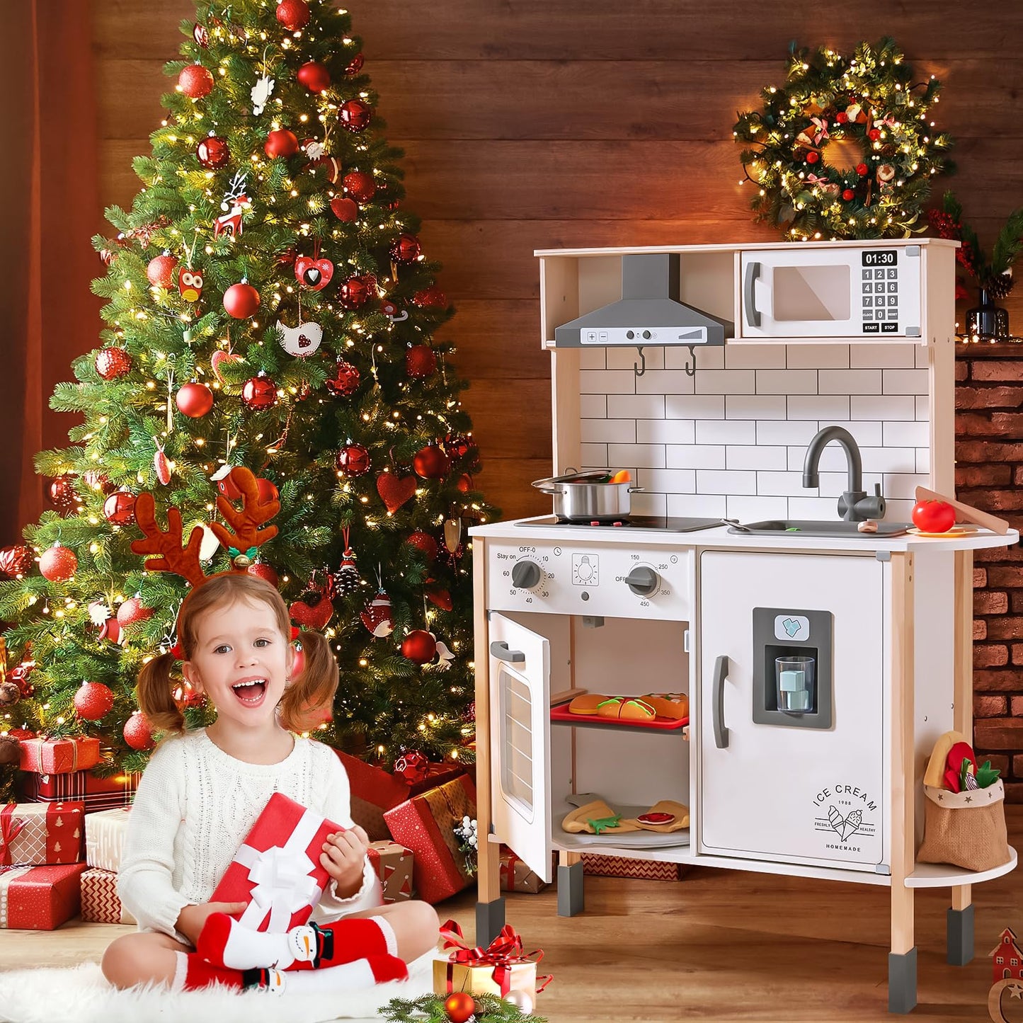Tiny Land Play Kitchen for Kids, Wooden Kids Play Kitchen Playset Chef Pretend Play Set for Toddlers with Real Lights & Sounds, Toys Kitchen with 18 Pcs Toy Food & Cookware Accessories