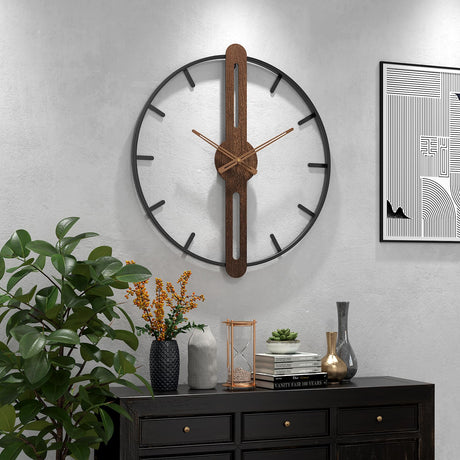 DAYDAYART Modern Walnut Dial Wall Clock, Wood Large Wall Clock Decor Metal Frame Silent Non Ticking for Living Room, Bedroom, Kitchen, Study Decoration, Handmade Home Present Idea, 24 in （60 cm） DAYDAYART