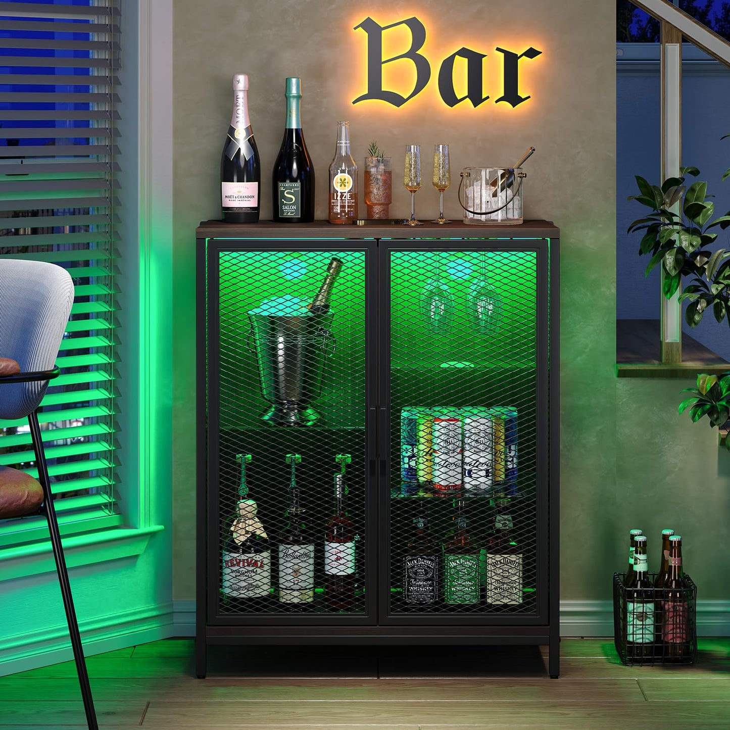 Furniouse Small Bar Cabinet with Storage, Small Wine Bar Cabinet with Glass Shelves & Doors, Industrial Liquor Cabinet with Led Light for Home, Rustic Buffet Sideboard Cabinet