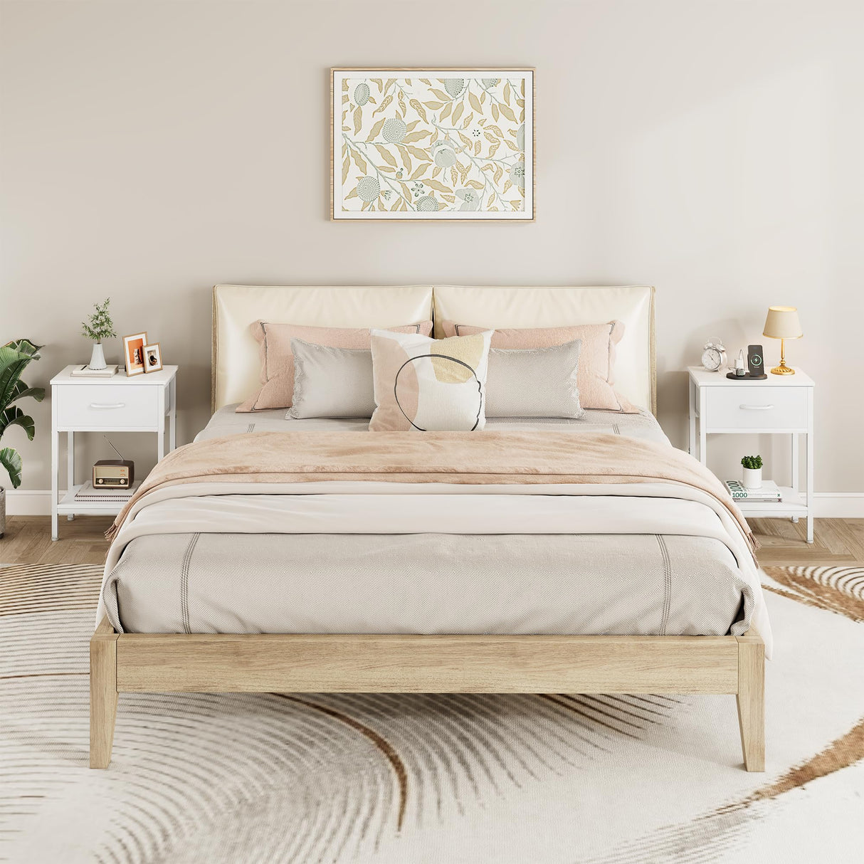 Vagusicc White Nightstand Set of 2 with Charging Station, Bed Side Table with Fabric Drawer, Small End Table with 2-Tier Storage Shelves, 25.4" Tall Bedside Table, Night Stand for Bedroom, Living Room Vagusicc