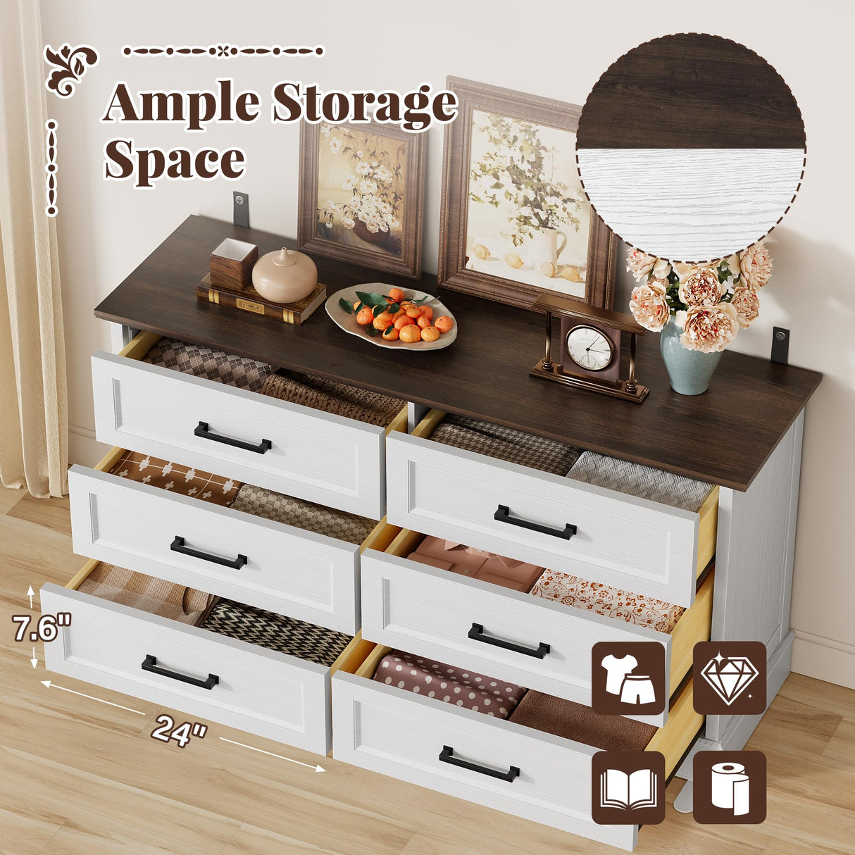 Furmax Farmhouse Dresser for Bedroom, 6 Drawers Dresser, Wood Chest of Drawers, 52" Wide Storage Dressers Organizer for Bedroom, Living Room, White and Brown Furmax