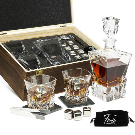 Whiskey Decanter and Stones Gift Set for Men - Whiskey Decanter, 2 Rocks Whiskey Glasses, 8 Stainless Steel Whisky Cubes, 2 Slate Coasters, Special Tongs & Freezer Pouch in Pinewood Gift Box Frolk