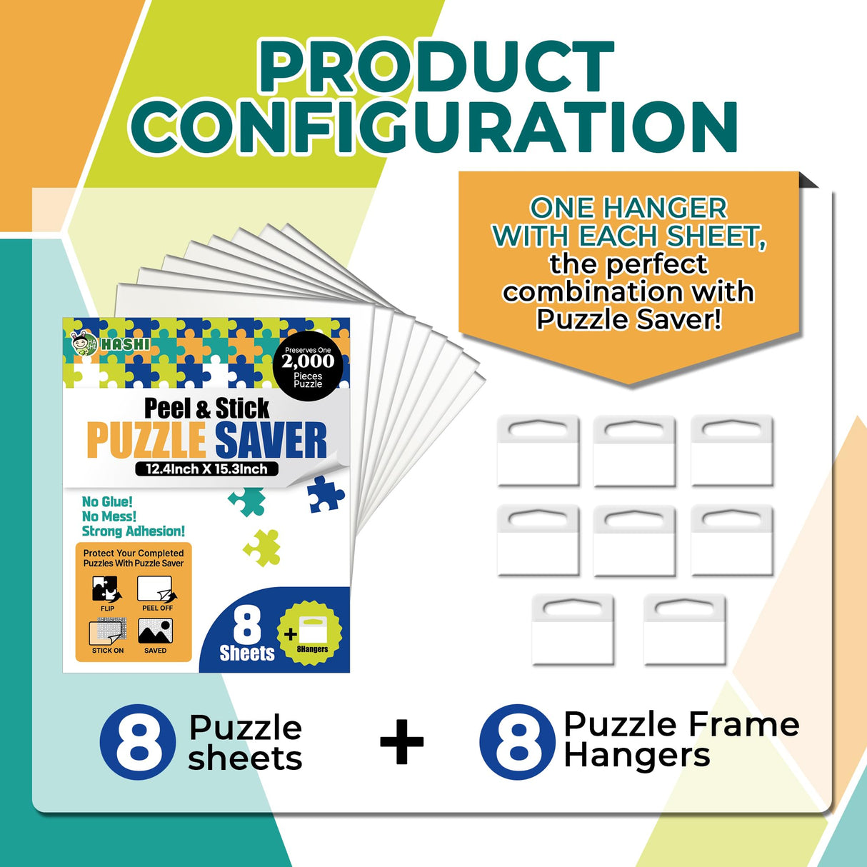 HASHI Puzzle Saver 8 Sheets (12.4 x 15.3 Inches) with 8 Hangers, Easy Peel & Stick, No Mess, Adhesive Backing for Jigsaw Puzzles HA SHI