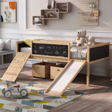 Harper & Bright Designs Low Loft Bed with Slide, Wood Twin Loft Bed for Kids, Loft Bed Twin with 2 Toy Boxes, Chalkboard and Climbing Frame, Junior Loft Bed Frame for Girls Boys (Twin, Natural) Harper & Bright Designs