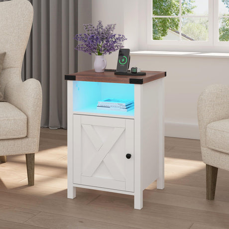 Hlivelood Farmhouse LED Nightstand Set of 2 with Charging Station, Rustic End Table with Barn Door & Storage Shelf, Bedside Table for Bedroom, Living Room, White Hlivelood