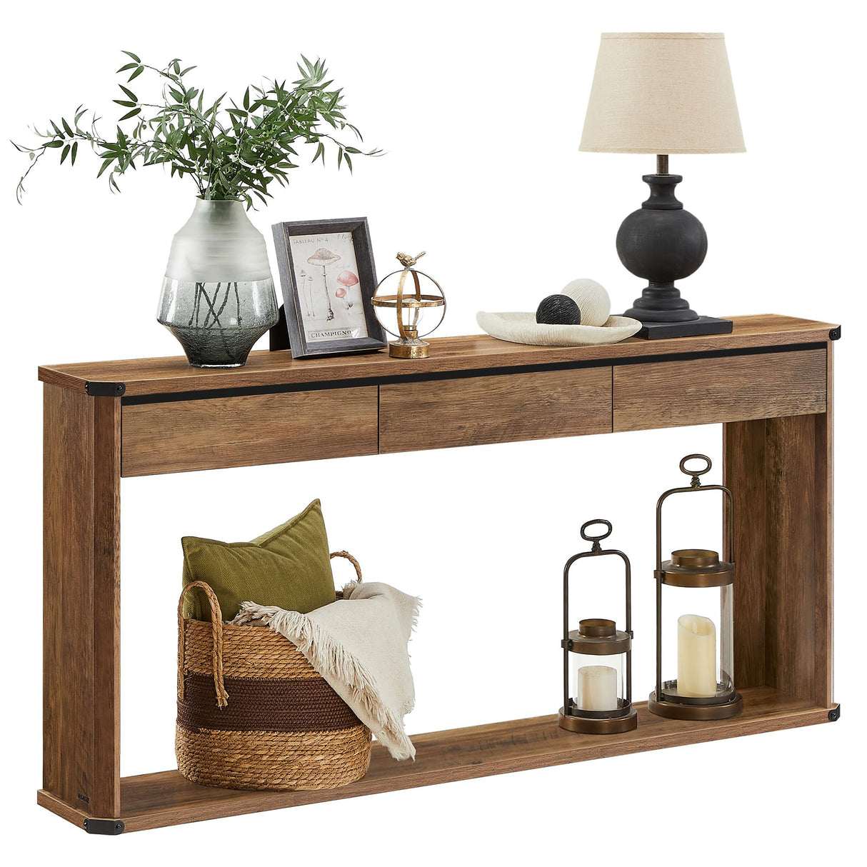 VASAGLE Console Table, 63 Inches Sofa Table, Narrow Entryway Table, Entry Table with 3 Drawers, Bottom Shelf, Metal Corners, for Living Room, Bedroom, Farmhouse Style, Honey Brown ULNT146K41 VASAGLE