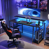 ODK 55 inch Gaming Desk with LED Lights & Power Outlets, Computer Desk with Monitor Stand & Storage Sheves, CPU Stand, Home Office Desk, Black ODK